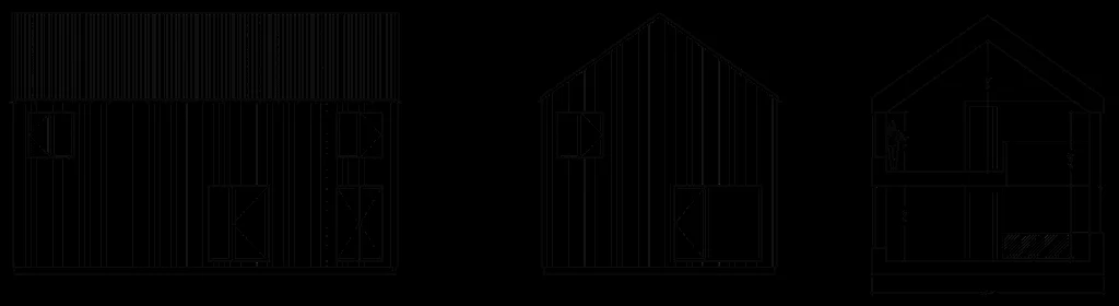 Architectural drawings of a two-story house, showing front, side, and cross-sectional views with measurements.