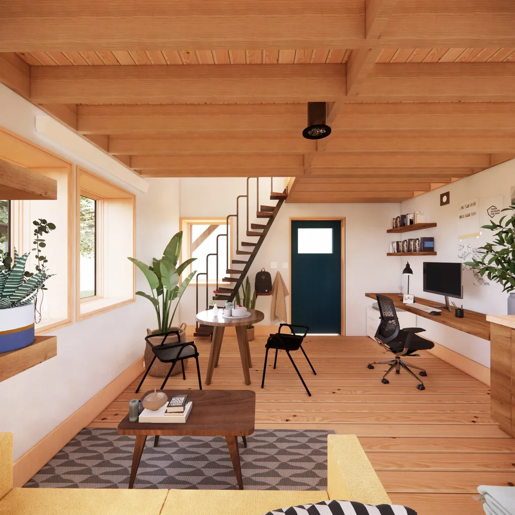 3D rendering of the interior first floor of the Cabañita, our 300 SF, two story prefab home or ADU kit.